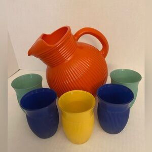 Vintage Hazel Atlas Ball Pitcher w/glasses